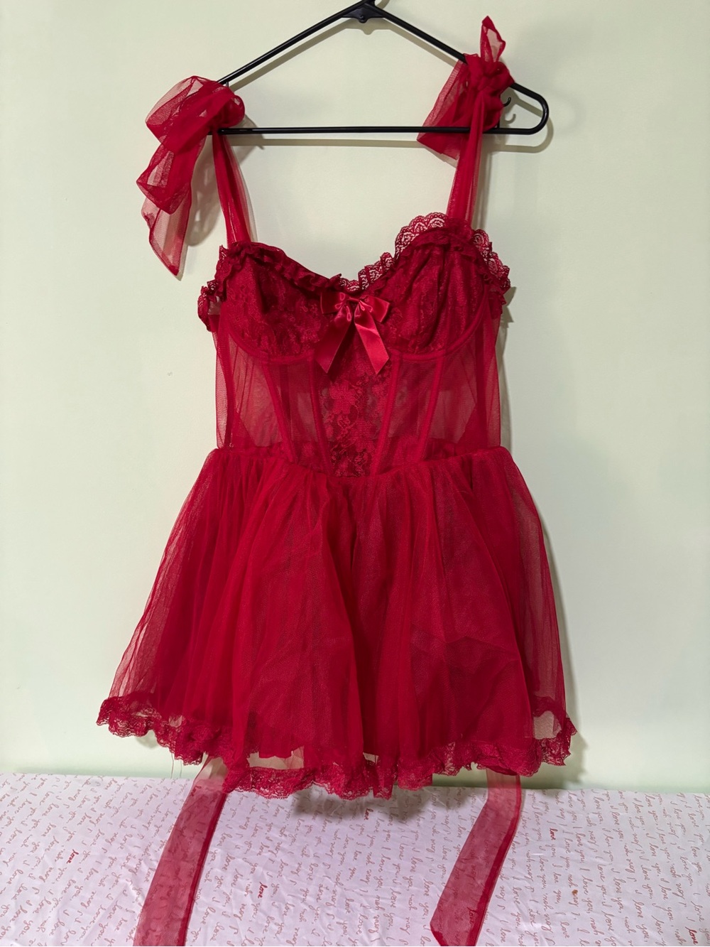 Source Unknown Red Lace & Tulle Babydoll Chemise with Bow Tie Straps
